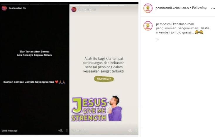 Postingan Bastian Steel ngaku jomblo. (Instagram)