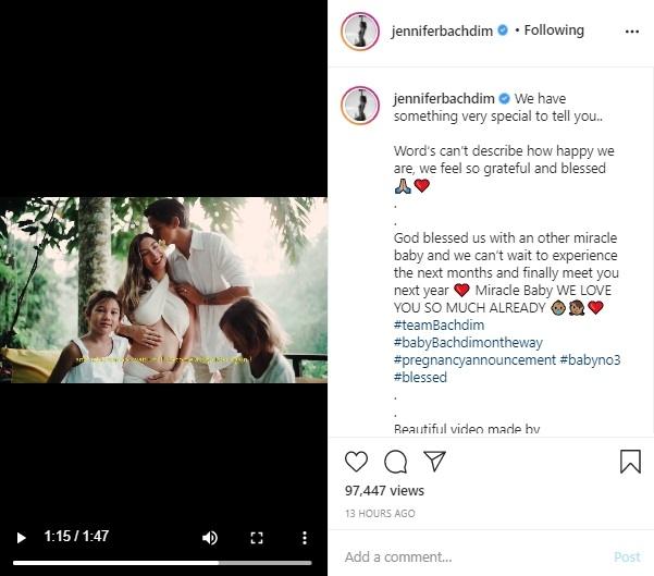 Jennifer Bachdim umumkan hamil anak ketiga. (Instagram/@jenniferbachdim)