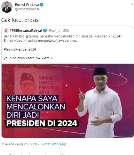 Komentar Ernest Prakasa atas pencalonan diri Giring jadi Presiden 2024. (Twitter)
