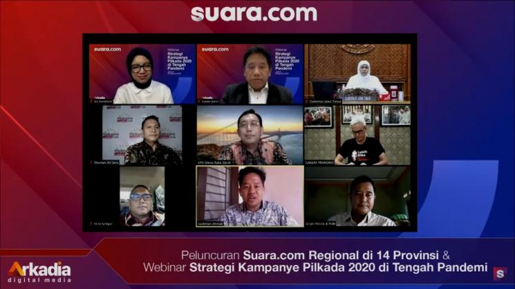 Salah satu tampilan layar saat kegiatan webinar "Strategi Kampanye Pilkada 2020 di Tengah Pandemi", dalam rangka peluncuran program pengembangan Suara.com Regional di 14 Provinsi, Jumat (28/8/2020). [Suara.com/Angga Budhiyanto]