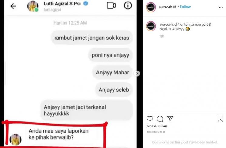 Lutfi Agizal balas pesan netizen (Instagram.com/awreceh.id)
