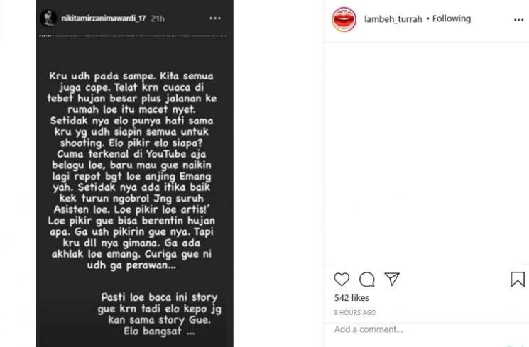 Instagram Story Nikita Mirzani (Instagram.com/lambe_turrah)