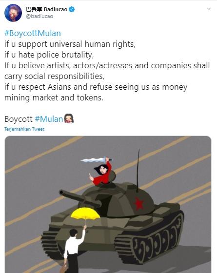 Cuitan netizen terkait pemboikotan film Mulan (Twitter.com/badiucao)