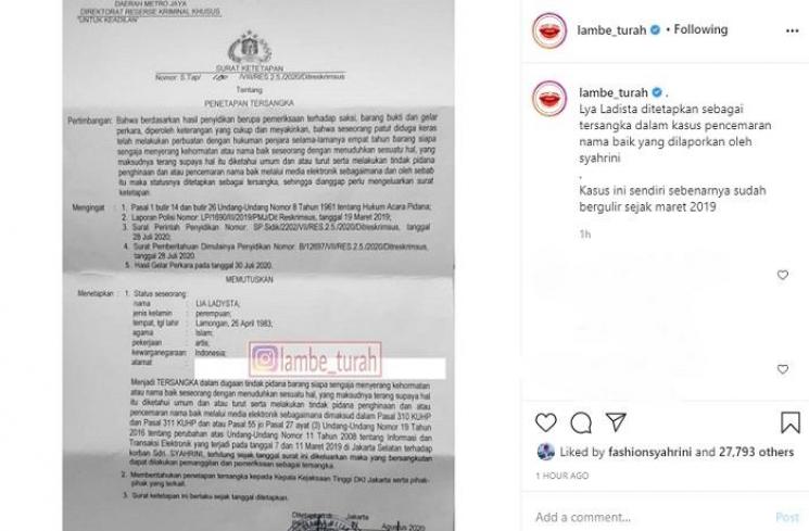 Lia Ladysta ditetapkan sebagai tersangka (Instagram @lambe_turah)