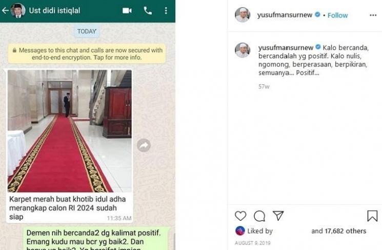 Tangkapan layar percakapan Ustaz Yusuf Mansur (Instagram.com/yusufmansurnew)