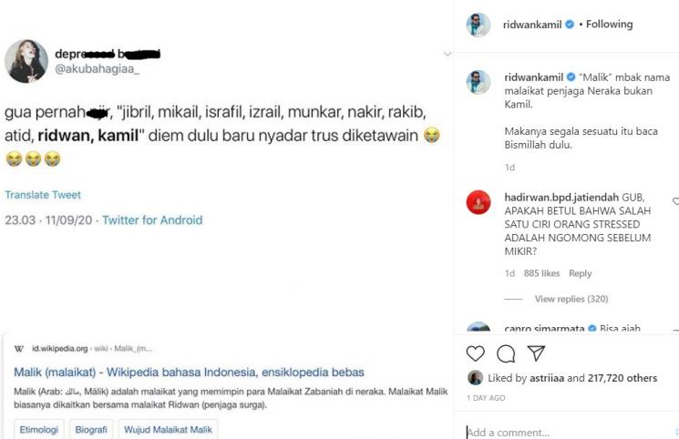 Koreksi Ridwan Kamil soal nama malaikat penjaga neraka. [capture Instagram]