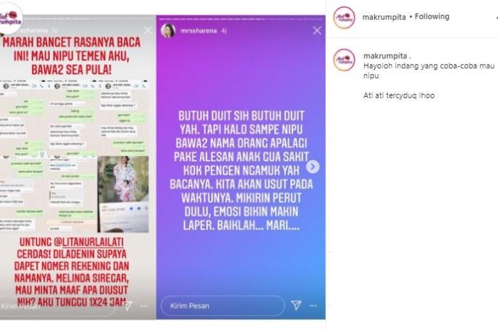 Sharena Delon ngamuk nama anaknya dibawa-bawa penipu. (Instagram/@Makrumpita)