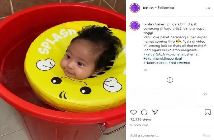 Anak Vanessa Angel berenang di ember (Instagram @bibliss)