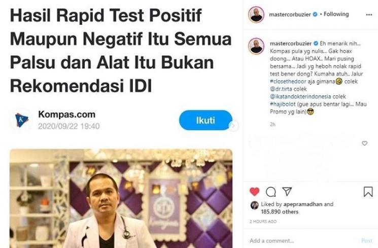 Unggahan Deddy Corbuzier (Instagram @mastercorbuzier)