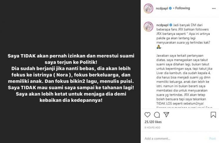 Unggahan istri Jerinx SID, Nora Alexandra (Instagram @ncdpapl)