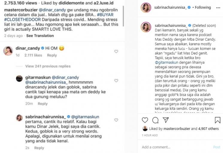 Postingan Sabrina Chairunnisa bela Dinar Candy. (Instagram/@sabrinachairunnisa_)