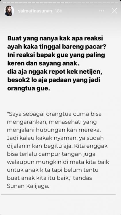 Salmafina unggah kutipan reaksi sang ayah saat dirinya tinggal di Bali (Instagram.com/salmafinasunan)
