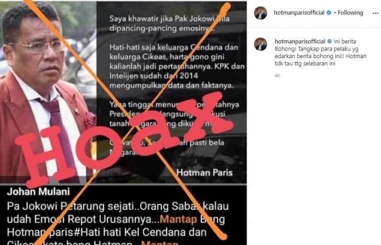 Berita bohong soal Hotman Paris. (Instagram/@hotmanparisofficial)