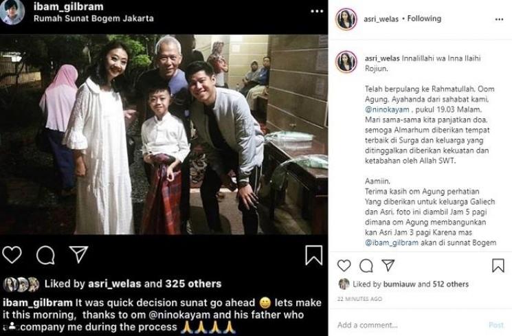 Asri Welas mengumumkan ayah Nino Kayam meninggal dunia (Instagram @asri_welas)