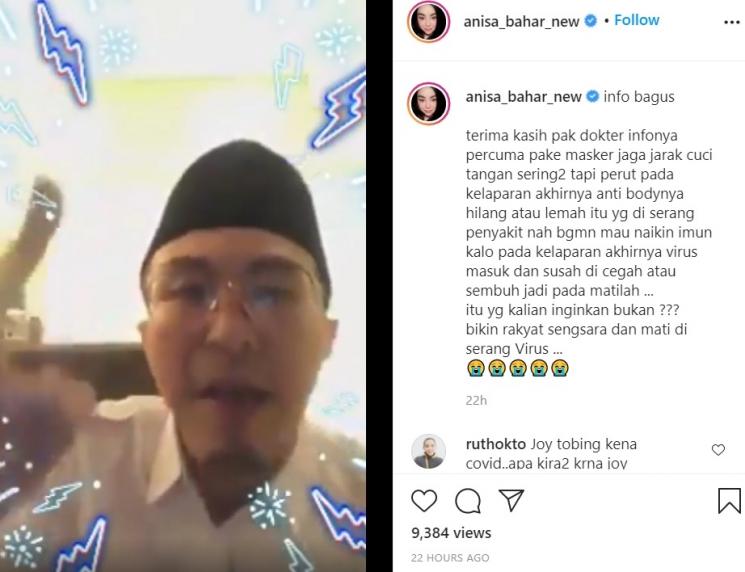 Anisa Bahar tolak PSBB. [Instagram] 