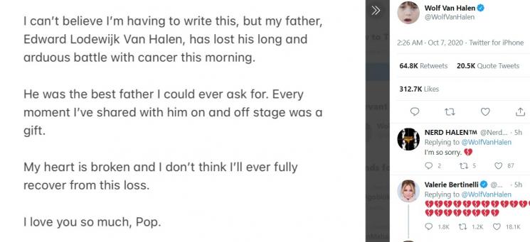 Eddie Van Halen Meninggal Dunia. (Twitter/@WolfVanHalen)