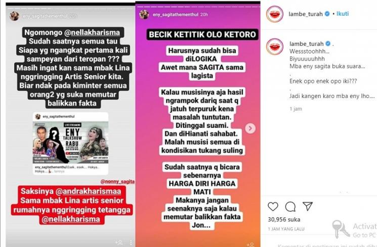Tulisan Eny Sagita sindir Nella Kharisma (Instagram.com/lambe_turah)