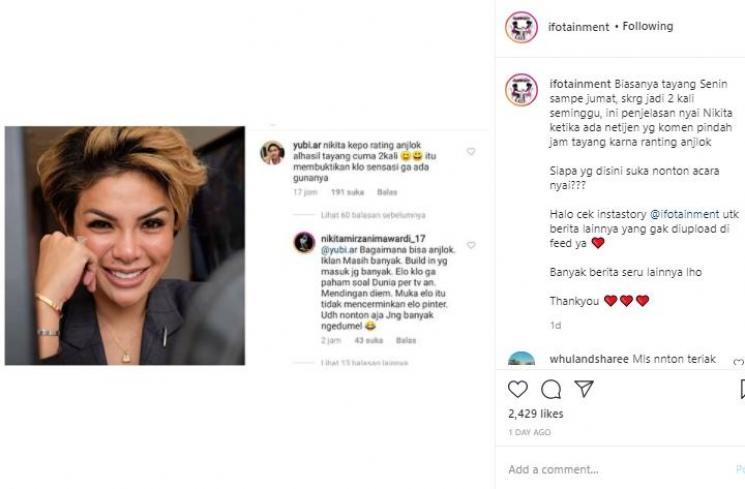 Nikita Mirzani semprot netizen (Instagram.com/ifotainment)