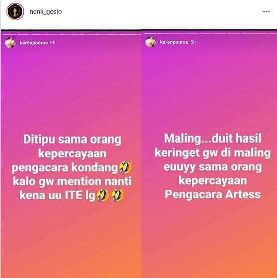 Karen Pooroe sindir pengacara kondang (Instagram.com/nenk_gosip)