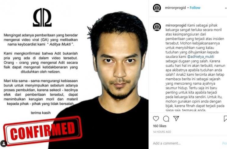 Klarifikasi pihak Aditya Mukti. (Instagram/@mirrorprogid)