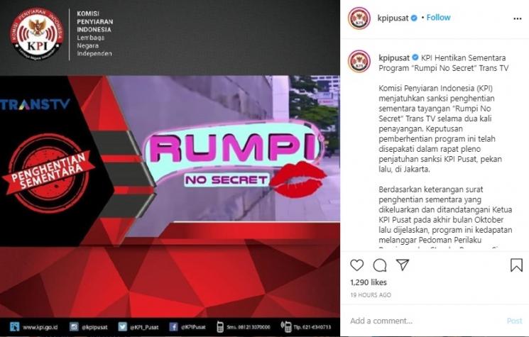 Rumpi No Secret dihentikan sementara oleh KPI. (Instagram/@kpipusat)