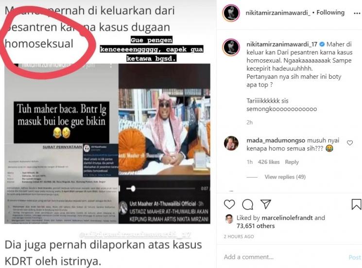 Nikita Mirzani ungkap fakta Ustaz Maaher soal kasus homoseksual. [Instagram]