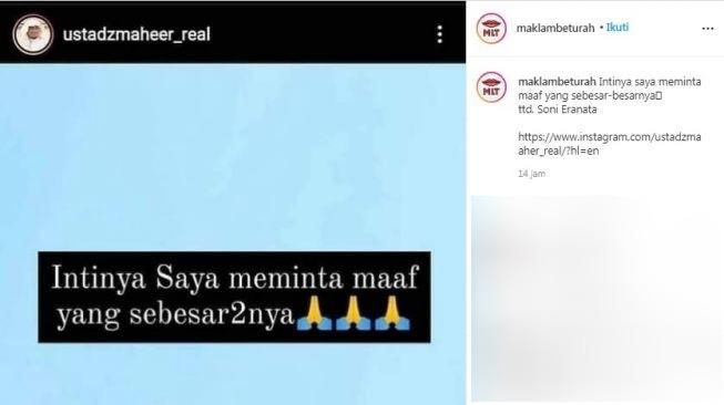Unggahan soal Ustaz Maaher At-Thuwailibi [Instagram/@maklambeturah]