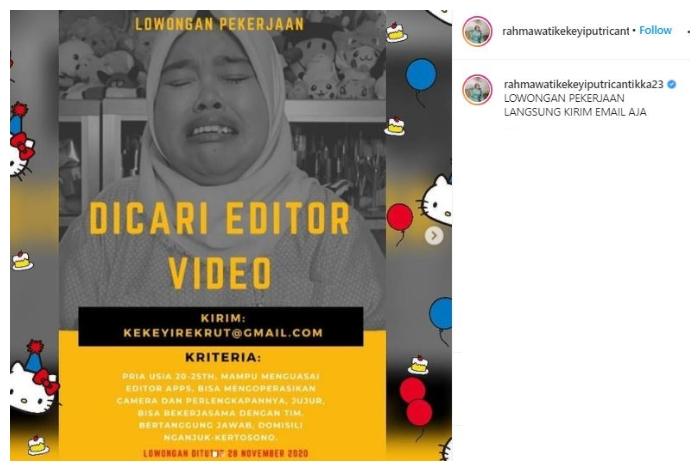 Rahmawati Kekeyi buka lowongan. (Instagram/@rahmawatikekeyiputricantikka23)