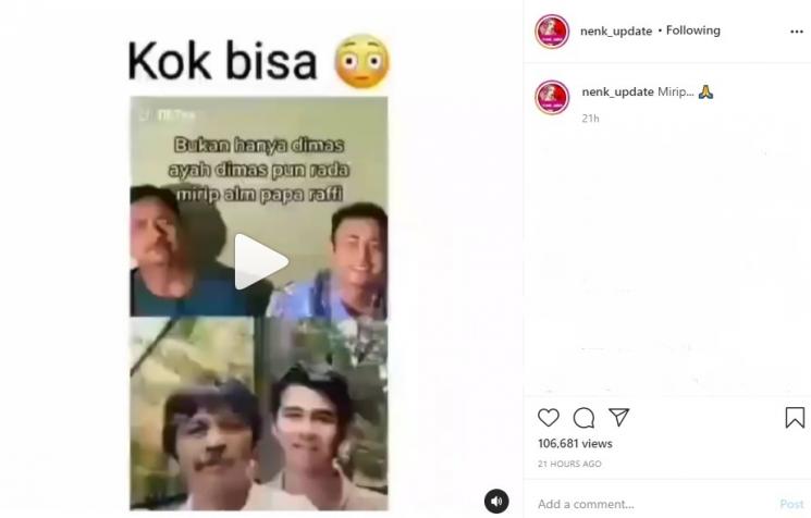 Video 'kemiripan' ayah Raffi Ahmad dan Dimas Ramadhan. (Instagram/@nenk_update)