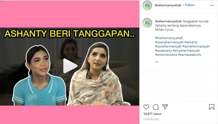 Ashanty beri tanggapan untuk Millen Cyrus. (Instagram/@thehermansyaha6)