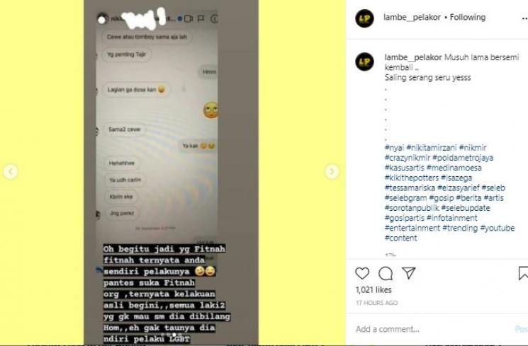 Kiky The Potters ungkap Nikita Mirzani penyuka sesama jenis (Instagram.com/lambe__pelakor)