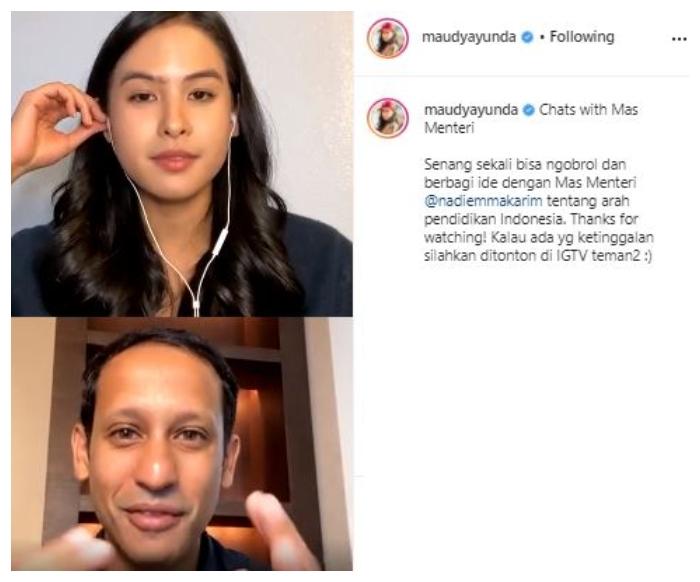 Maudy Ayunda dan Nadiem Makarim. (Instagram/@maudyayunda)