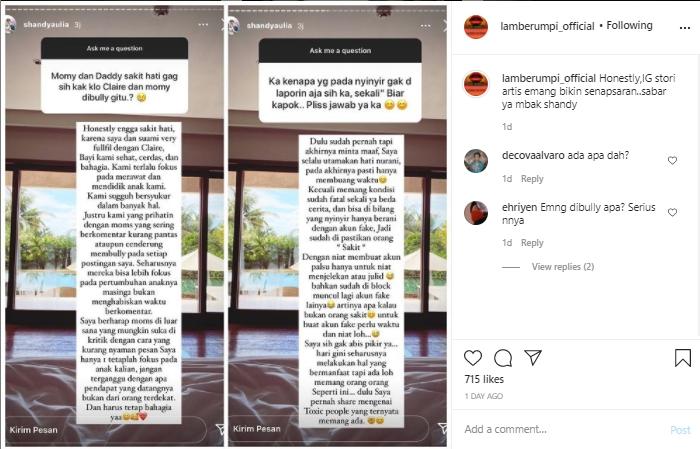 Shandy Aulia tanggapi putrinya sering dihujat (Instagram.com/lamberumpi_official)