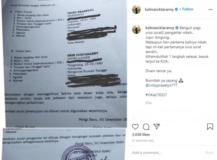 Kalina Ocktaranny Urus Surat Pernikahannya dengan Vicky Prasetyo. (Instagram/@kalinaocktaranny)