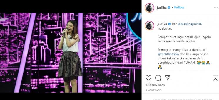 Melisha Sidabutar meninggal (Instagram/@jud1ka)