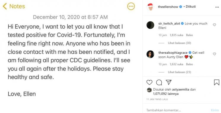 Ellen DeGeneres positif COVID-19 (Instagram/@theellenshow)