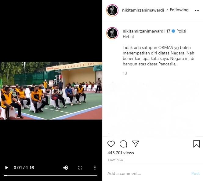 Nikita Mirzani memberikan pujian untuk aparat Polri dan TNI. (Instagram/@nikitamirzanimawardi_17)