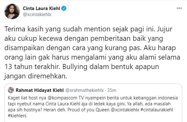 Cinta Laura kecewa dengan bullying yang kembali menimpanya. (Twitter/xcintakiehlx)