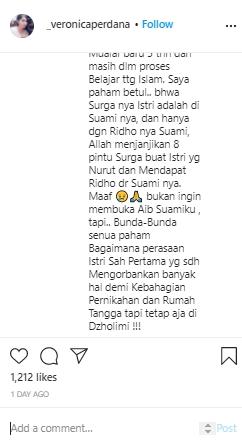 Balasan Veronica Perdana untuk netizen yang mendukungnya (Instagram.com/_veronicaperdana)