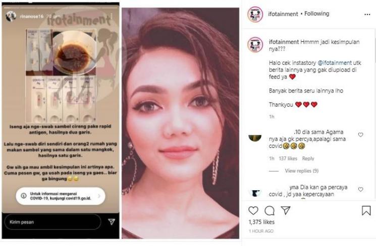 Rina Nose tetesi alat tes COVID-19 pakai sambel cireng(Instagram.com/ifotainment)