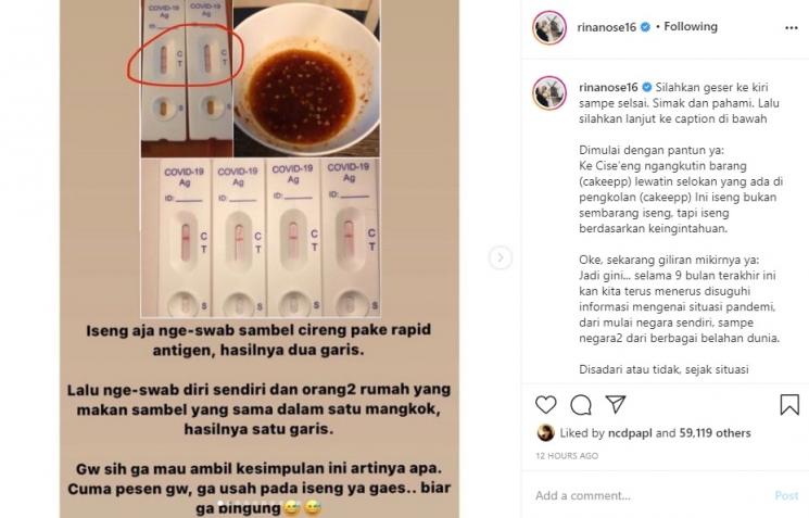 Penjelasan Rina Nose soal eksperimennya pada alat tes COVID-19. (Instagram/@rinanose16)