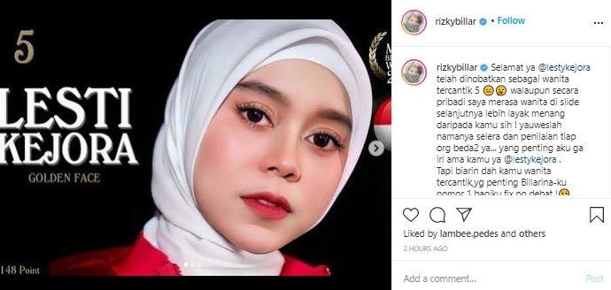 Rizky Billar ucapkan selamat ke Lesti Kejora. (Instagram/@rizkybillar)
