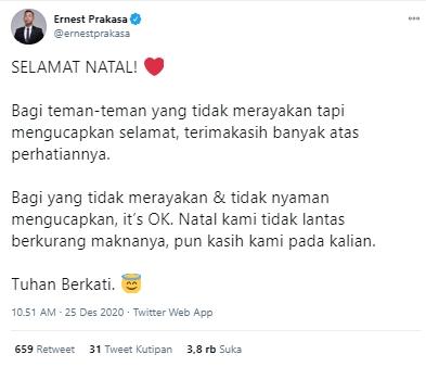 Cuitan Ernest Prakasa banjir kritikan (Twitter.com/ernestprakasa)