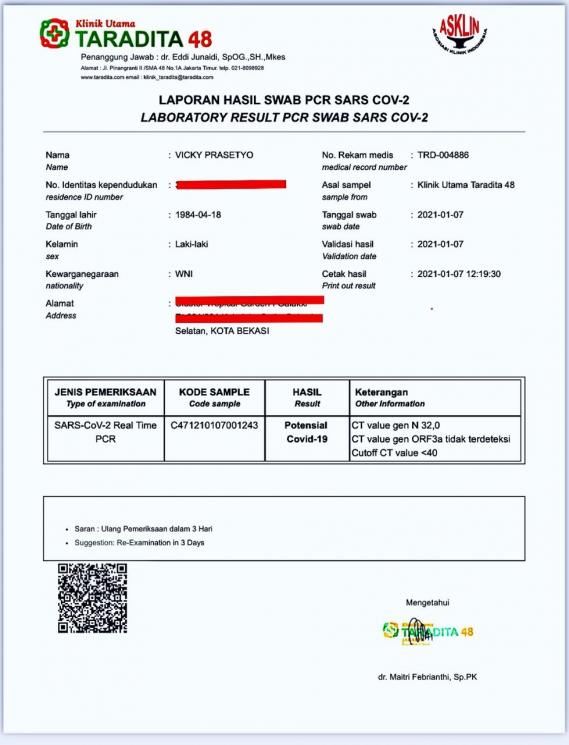 Hasil swab test Vicky Prasetyo. (Istimewa)