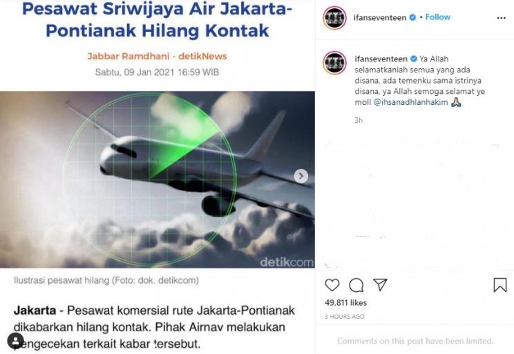 Ifan Seventeen terpukul mendengar kabar pesawat Sriwijaya Air SJ 182 yang dinyatakan hilang kontak. (Instagram/@ifanseventeen)
