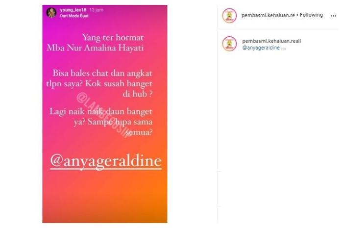 Anya Geraldine disindir Young Lex. (Instagram/@pembasmii.kehaluan.reall)