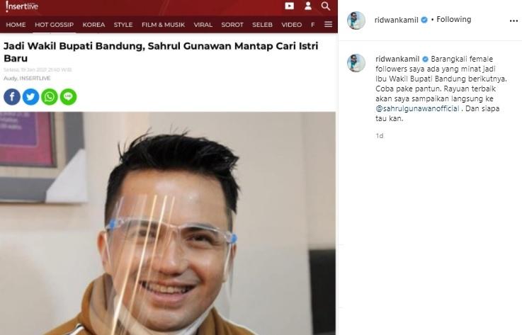 Ridwan Kamil promosikan Sahrul Gunawan cari istri. (Instagram/@ridwankamil)