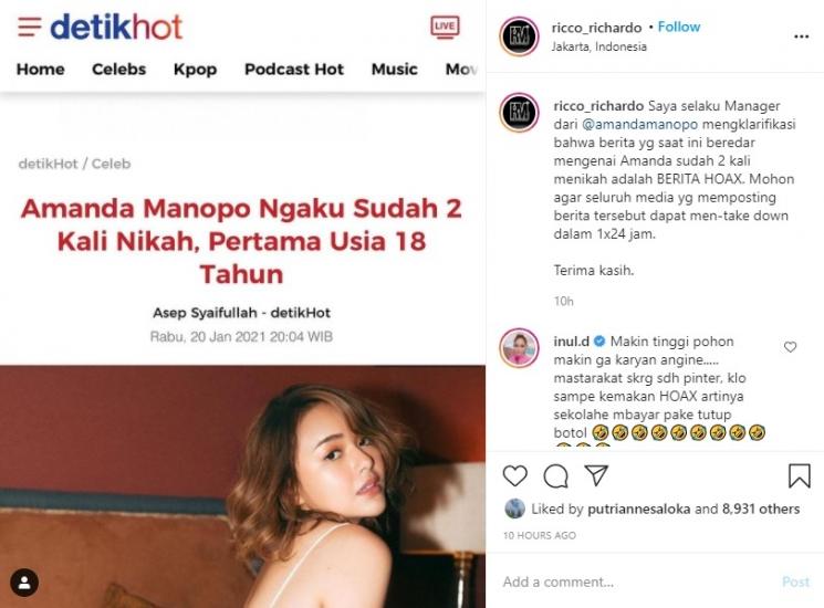 Manajer Klarifikasi Kabar Amanda Manopo Menikah Dua Kali. (Instagram/@ricco_richardo)