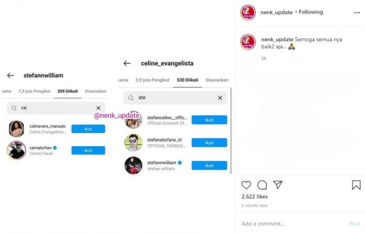 Stefan William Unfollow Instagram Celine Evangelista. (Instagram/@nenk_update)