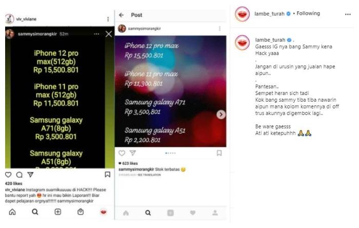 Instagram Sammy Simorangkir dihack. (Instagram/@lambe_turah)